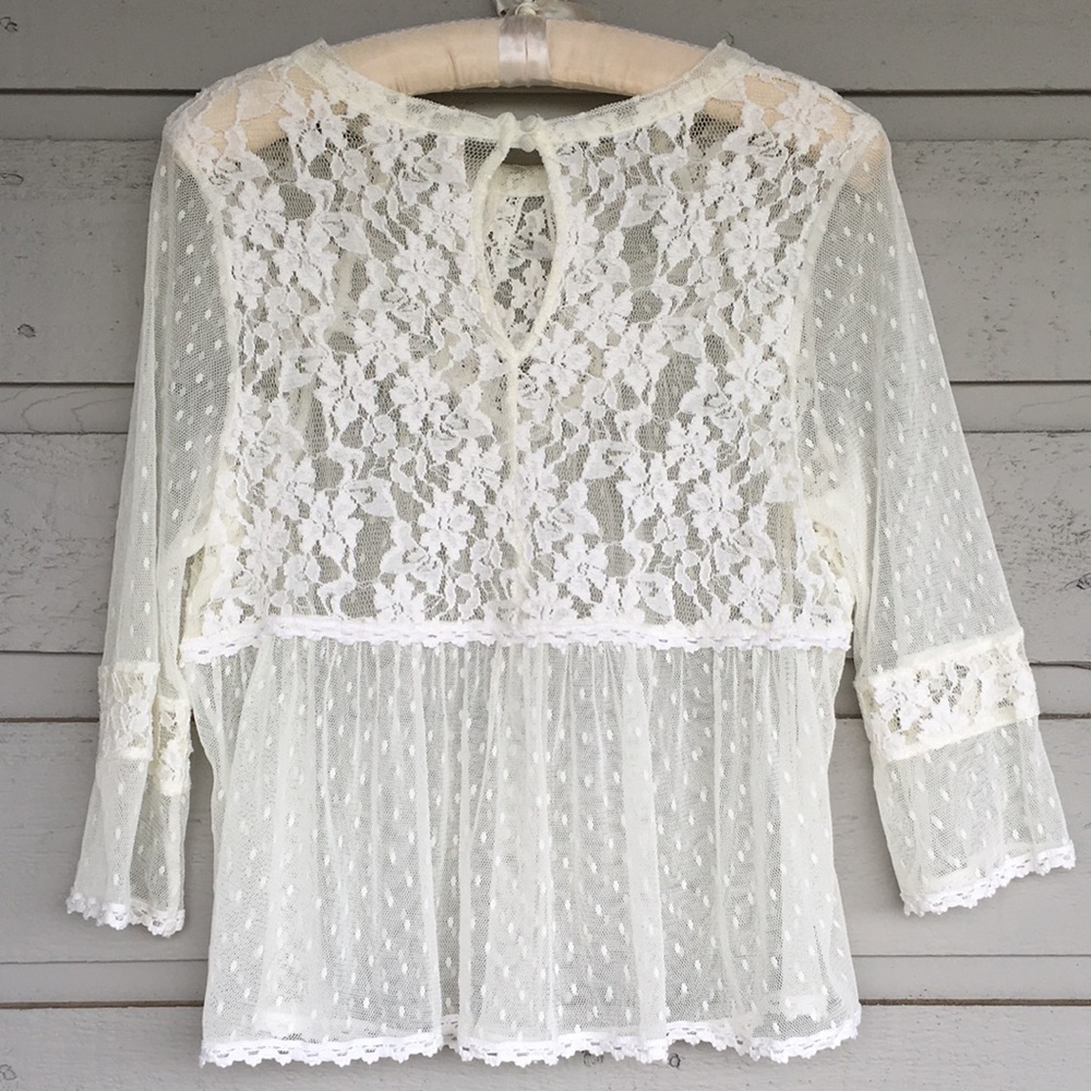 FREE PEOPLE BOHO IVORY/OFF WHITE MODERN ROMANCE SHEER LACE TOP - Picture 3 of 13